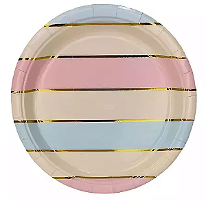 Prato de Papel Arco Iris Lista Metalizada 300g 18cm com 8 unidades - Colorido