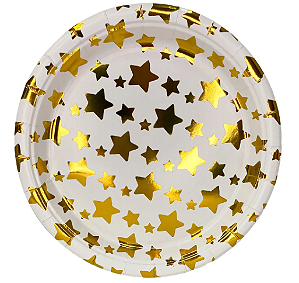 Prato de Papel Estrelas Metalizadas 300g 18cm com 8 unidades - Dourado