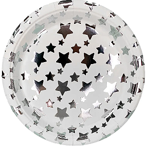 Prato de Papel Estrelas Metalizadas 300g 18cm com 8 unidades - Prata