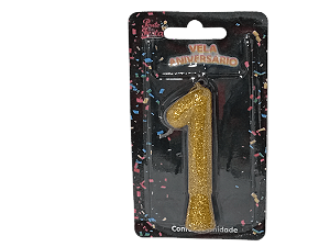 Vela Aniversário Puro Glitter Dourado 8cm c/ 1 unid. Número: 1