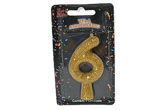 Vela Aniversário Puro Glitter Dourado 8cm c/ 1 unid. Número: 6