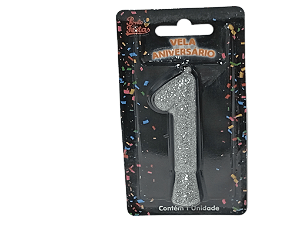 Vela Aniversário Puro Glitter Prata 8cm c/ 1 unid. Número: 1