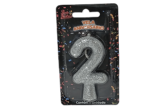 Vela Aniversário Puro Glitter Prata 8cm c/ 1 unid. Número: 2