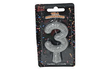 Vela Aniversário Puro Glitter Prata 8cm c/ 1 unid. Número: 3