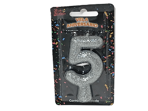 Vela Aniversário Puro Glitter Prata 8cm c/ 1 unid. Número: 5