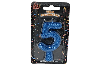 Vela Aniversário Puro Glitter Azul 8cm c/ 1 unid. - Número: 5