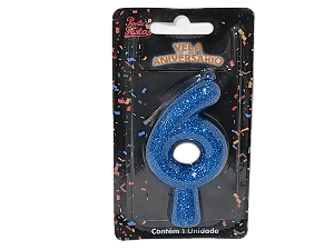 Vela Aniversário Puro Glitter Azul 8cm c/ 1 unid. - Número: 6