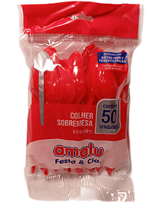 Colher Sobremesa Linha Slim c/ 50 unid.  - Vermelho Sólido - Amalu