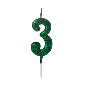 Vela Pequena Verde Glitter Número - 3