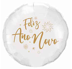 Balão Metalizado Branco 18" 45cm c/ 1 unid. Feliz Ano Novo com Fogos