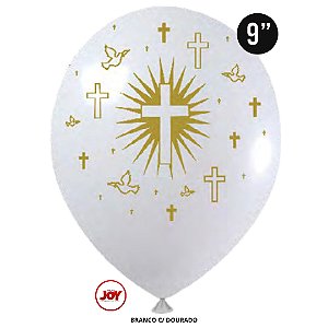 Balão Batismo e Comunhão JOY c/ 25 unid. - Branco e Ouro - 9