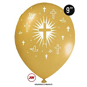 Balão Batismo e Comunhão JOY c/ 25 unid. - Ouro e Branco - 9