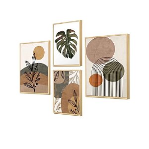 Kit 4 Quadros Decorativos Plantas Formas e Linhas Boho Moderno Sala e Cozinha Tons Terrosos, Marrom, Preto e Branco