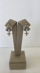 Brinco Nossa Senhora Dourado com Detalhes Azuis