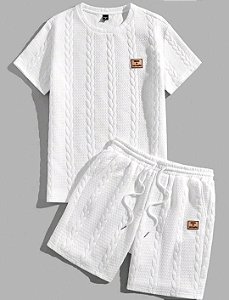 Manfinity Hypemode Conjunto masculino de malha lisa e casual com estampa, composto por camiseta de manga curta e shorts