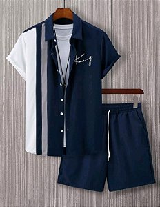 Manfinity Homme Conjunto de camisa masculina com estampa aleatória e shorts de cor sólida