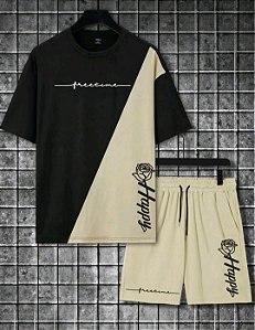 Manfinity LEGND Conjunto De Camiseta De Manga Curta E Shorts Masculino Estilo Listrado Colorido E Letras