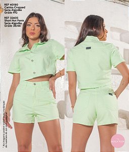 Camisa Cropped Sarja Algodão - Short Hot Pants Sarja Algodão