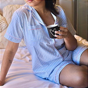 Pijama Americano Curto Xadrez Azul com Rosa