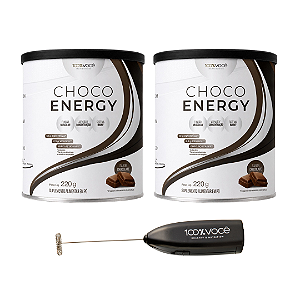 Kit 2 Choco Energy Sabor Chocolate Zero Açúcar 100% Você 220g + Brinde Mixer 100% Você