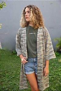 Kimono Alongado Feminino Marron/ Azul Meia Manga Confidence