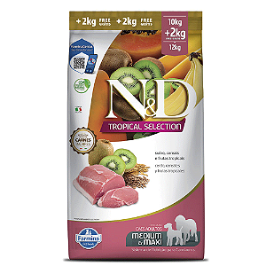 Ração N&D Tropical Selection Cães Adultos Medium e Maxi Suíno 10 kg + 2 kg