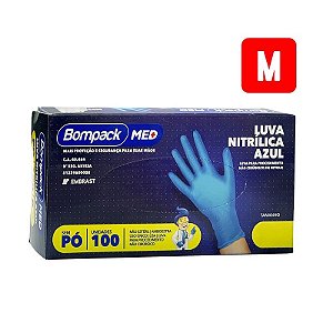 Luva Descartável Nitrílica M Azul 100 unidades Bompack
