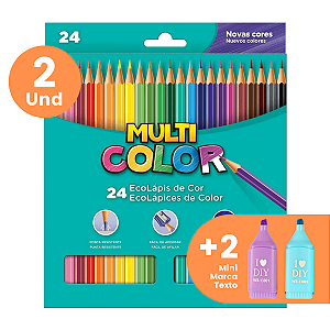 Kit 2 caixas de lápis 24 cores + 2 mini marca texto colorido