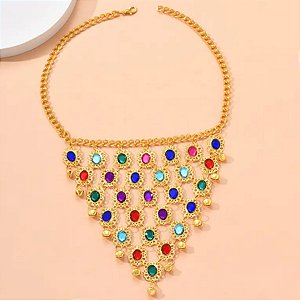 Colar Dourado com Pedrarias Coloridas | Dança do ventre | Cigana- CL002