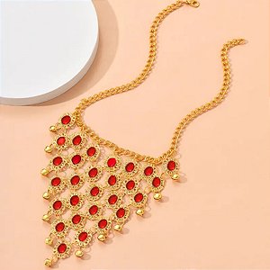 Colar Dourado com Pedrarias Vermelha | Dança do ventre | Cigana - CL003