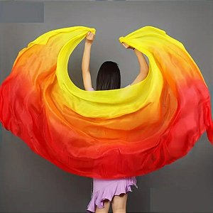 Véu de Seda Pura Pongé Vermelho, Laranja e Amarelo |Dança do Ventre| Cigana- VS006