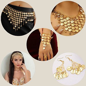 Combo 5 em 1, Cinto, Par de Pulseira, Tiara, Colar e Brinco - Dança do Ventre - Cigana CB001