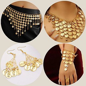 Combo 4 em 1 , Cinto, Par de Pulseira, Colar e Brinco - Dança do Ventre - Cigana CB003