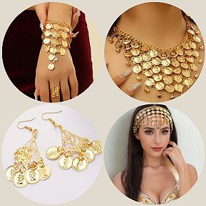 Combo 4 em 1 , Par de Pulseira, Tiara, Colar e Brinco - Dança do Ventre - Cigana CB005