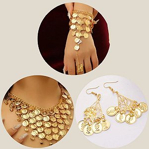 Combo 3 em 1 , Par de Pulseira, Colar e Brinco - Dança do Ventre - Cigana CB010