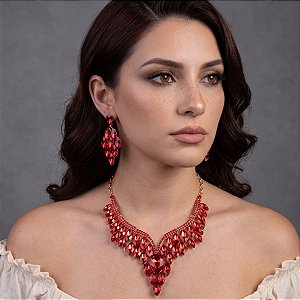 Colar e Par de Brincos Luxo com Pedrarias |Dança do Ventre|Cigana - CL004