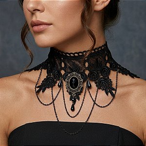 Colar Gargantilha Chocker Gótico Renda e Corrente Pedras| Dança Cigana- CG005