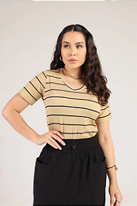 T-SHIRT GOLA V LISTRADA - BEGE BALMY DAYS