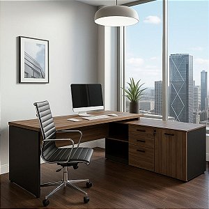 Mesa Diretor de Escritório Tampo 40mm em L 150x170 Armário e Gaveteiro