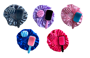 Kit de Escovas: Raquete Fashion + Escova Massageadora de Silicone e Touca de Cetim para Desembaraçar Cabelos