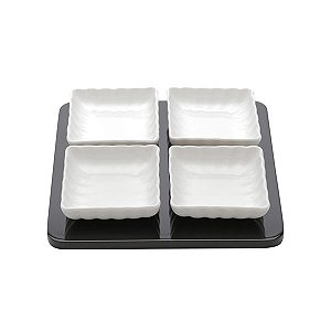Suporte de madeira com 4 bowls porcelana 20x20x4cm