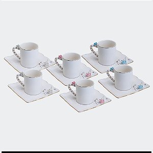 Conjunto de 6 Xícaras de Café em Porcelana com Pires Flower Square Plate 80 ml