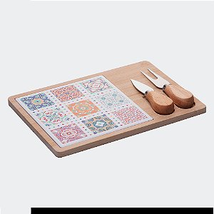 Conjunto para Queijo com Bandeja de Bambu e Tábua em Ladrilho 17x25 cm - 4 Peças
