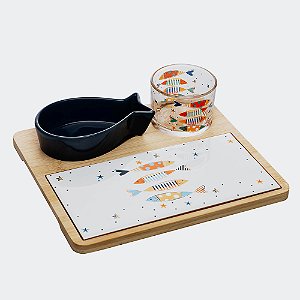 Petisqueira com Bowl de Vidro e Bandeja de Bambu Iki - 4 Peças