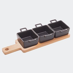 Conjunto Bandeja de Bambu com 3 Petisqueiras Quadradas Pretas 28,5x10 cm