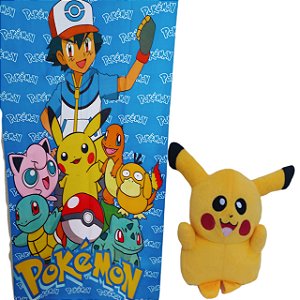 COMBO Toalha De Banho MAIS Pelúcia Pokemon Pikachu 32x15Cm