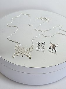 Conjunto Colar e Brincos Borboleta Vazada Lisa