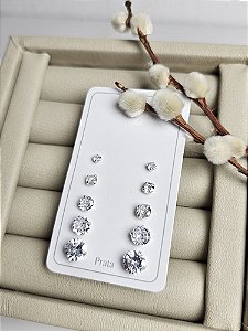 Kit 5 Pares de Brincos de Zircônia Redonda Cristal