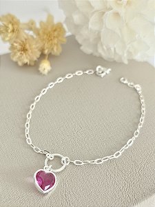 Pulseira com pingente coração rosa 18,5 cm