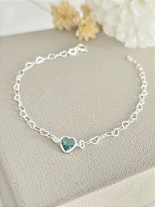 Pulseira elos de coração com zircônia verde 18,5cm